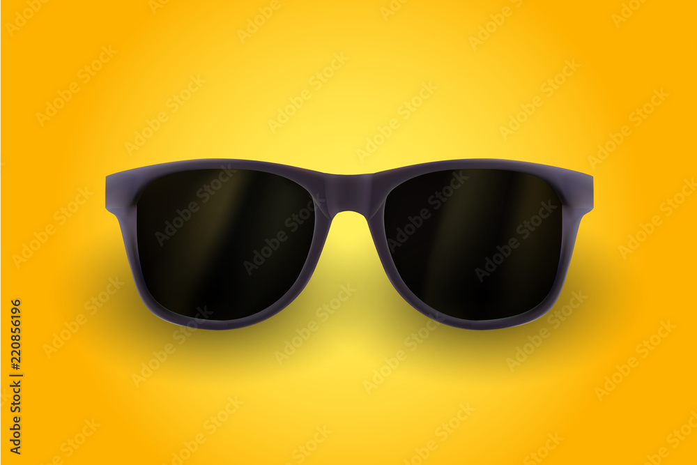Realistic sunglasses isolated on yellow background. Vacations, summer travel design, travel agency. Vector realistic 3d illustration. Fashion accessory design. Summer eyewear concept. Realistic sunglasses isolated on yellow background. Vacations, summer travel design, travel agency. Vector realistic 3d illustration. Fashion accessory design. Summer eyewear concept.
