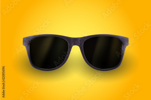 Realistic sunglasses isolated on yellow background. Vacations, summer travel design, travel agency. Vector realistic 3d illustration. Fashion accessory design. Summer eyewear concept.