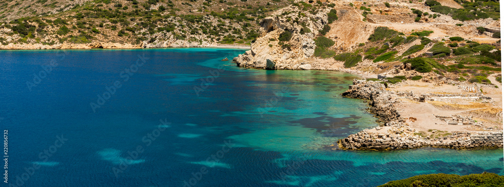 Bay between the Datca Peninsula and the island of Knidos, indented coastline between of mediterranean and aegean seas with beautiful turquoise water, excavations of the ancient city in the center