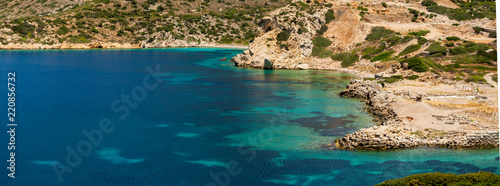 Bay between the Datca Peninsula and the island of Knidos, indented coastline between of mediterranean and aegean seas with beautiful turquoise water, excavations of the ancient city in the center