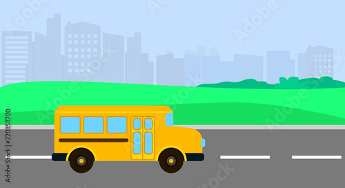 Bus driving to school background. Flat illustration of bus driving to school vector background for web design