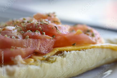 Super close up of a delicious pizza sandwich