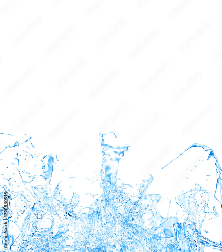 Isolated blue splash of water splashing on a white background. 3d illustration, 3d rendering. Isolated blue splash of water splashing on a white background. 3d illustration, 3d rendering.