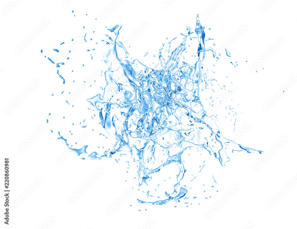 Obraz premium Isolated blue splash of water splashing on a white background. 3d illustration, 3d rendering.