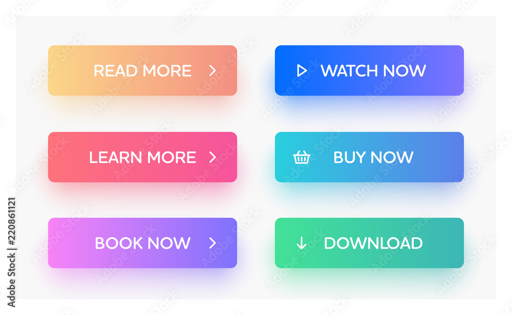 Set of vector modern material style buttons. Different gradient colors and icons on rectangular forms with shadows. Set of vector modern material style buttons. Different gradient colors and icons on rectangular forms with shadows.