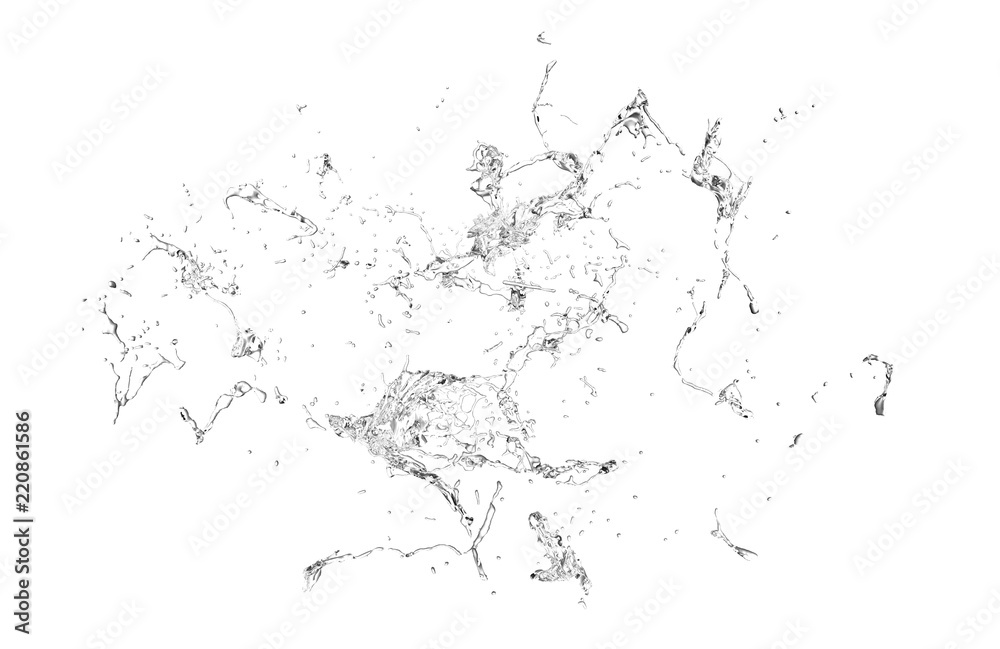 Isolated transparent splash of water splashing on a white background. 3d illustration, 3d rendering.