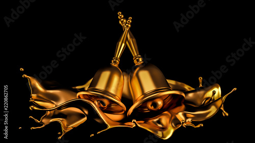 A beautiful metallic Christmas bell and a splash of gold. 3d illustration, 3d rendering. photo