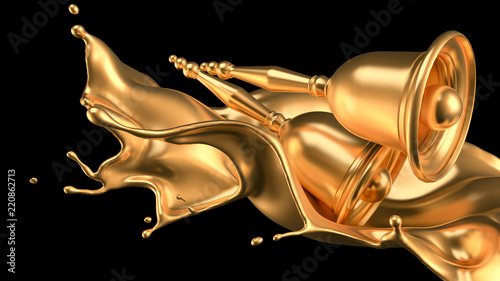 A beautiful metallic Christmas bell and a splash of gold. 3d illustration, 3d rendering.