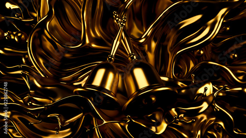 A beautiful metallic Christmas bell and a splash of gold. 3d illustration, 3d rendering. photo