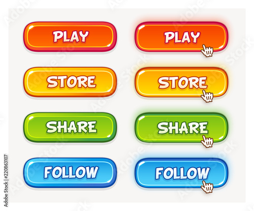 Set of vector game user interface buttons. Two different state, default and hover or pressed. 4 colors, yellow, red, green and blue.