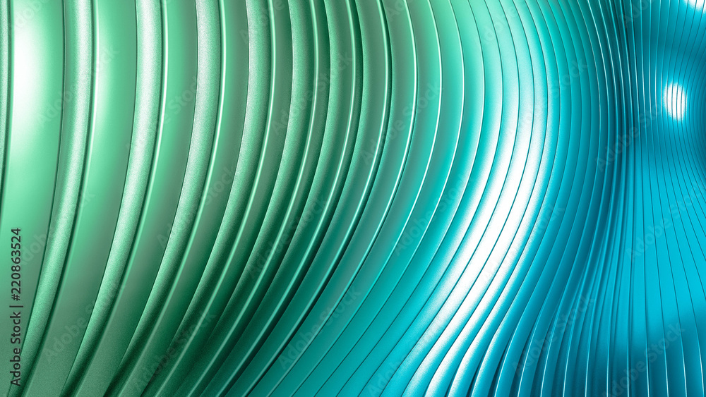 Green and blue, azure beautiful colorful 3d background with smooth lines and waves of metal. 3d illustration, 3d rendering. Green and blue, azure beautiful colorful 3d background with smooth lines and waves of metal. 3d illustration, 3d rendering.