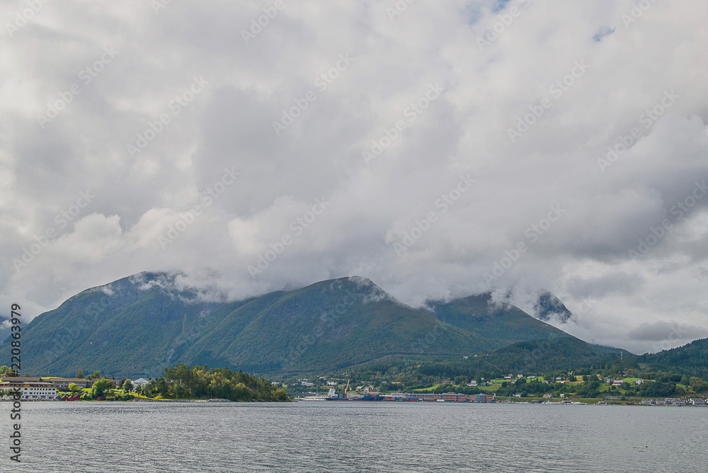 Norwegian fjords and mountains seen from the sea