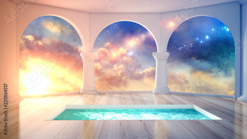 Beautiful interior with a swimming pool, and air columns. 3d illustration, 3d rendering.