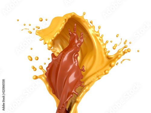 Beautiful, sweet, tasty background splashes of chocolate, milk and honey. 3d illustration, 3d rendering.