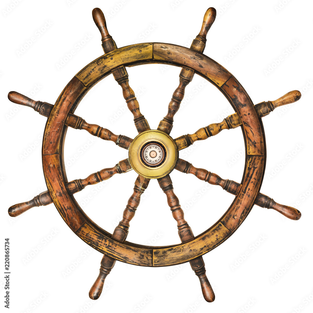 Vintage wooden ship steering wheel isolated on white