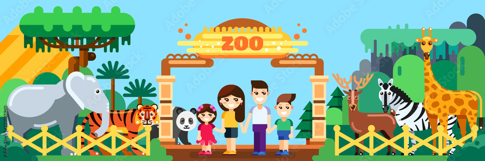 Happy family in zoo, vector flat style illustration. Weekend in park, leisure outdoor concept Happy family in zoo, vector flat style illustration. Weekend in park, leisure outdoor concept
