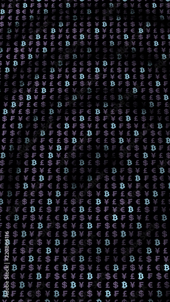 Bitcoin and currency on a dark background. Digital Cryptocurrency symbol. Wave effect, currency market fluctuations. Business concept. 3D illustration Bitcoin and currency on a dark background. Digital Cryptocurrency symbol. Wave effect, currency market fluctuations. Business concept. 3D illustration