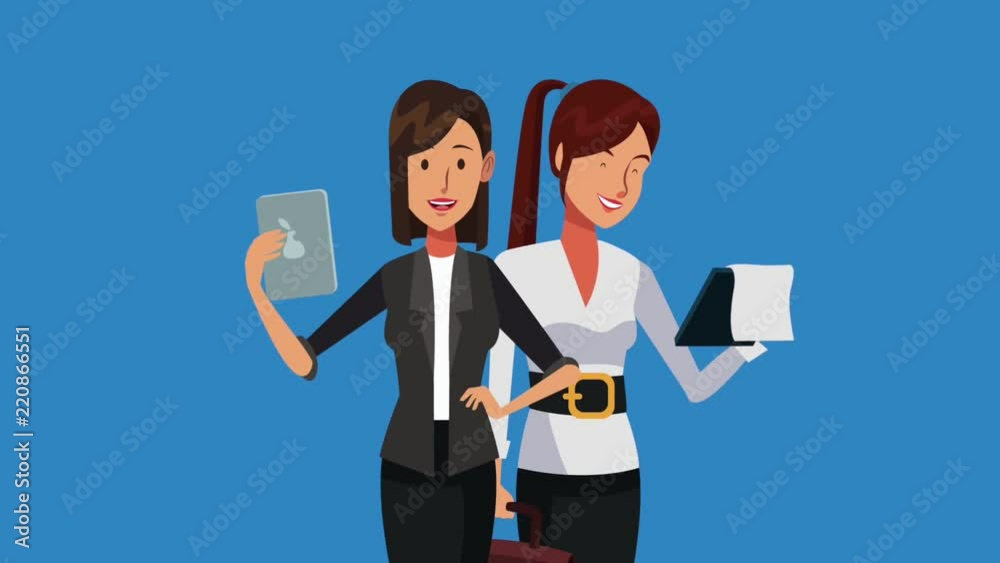 Businesswomens working with tablet and clipboard high definition animation colorful scenes