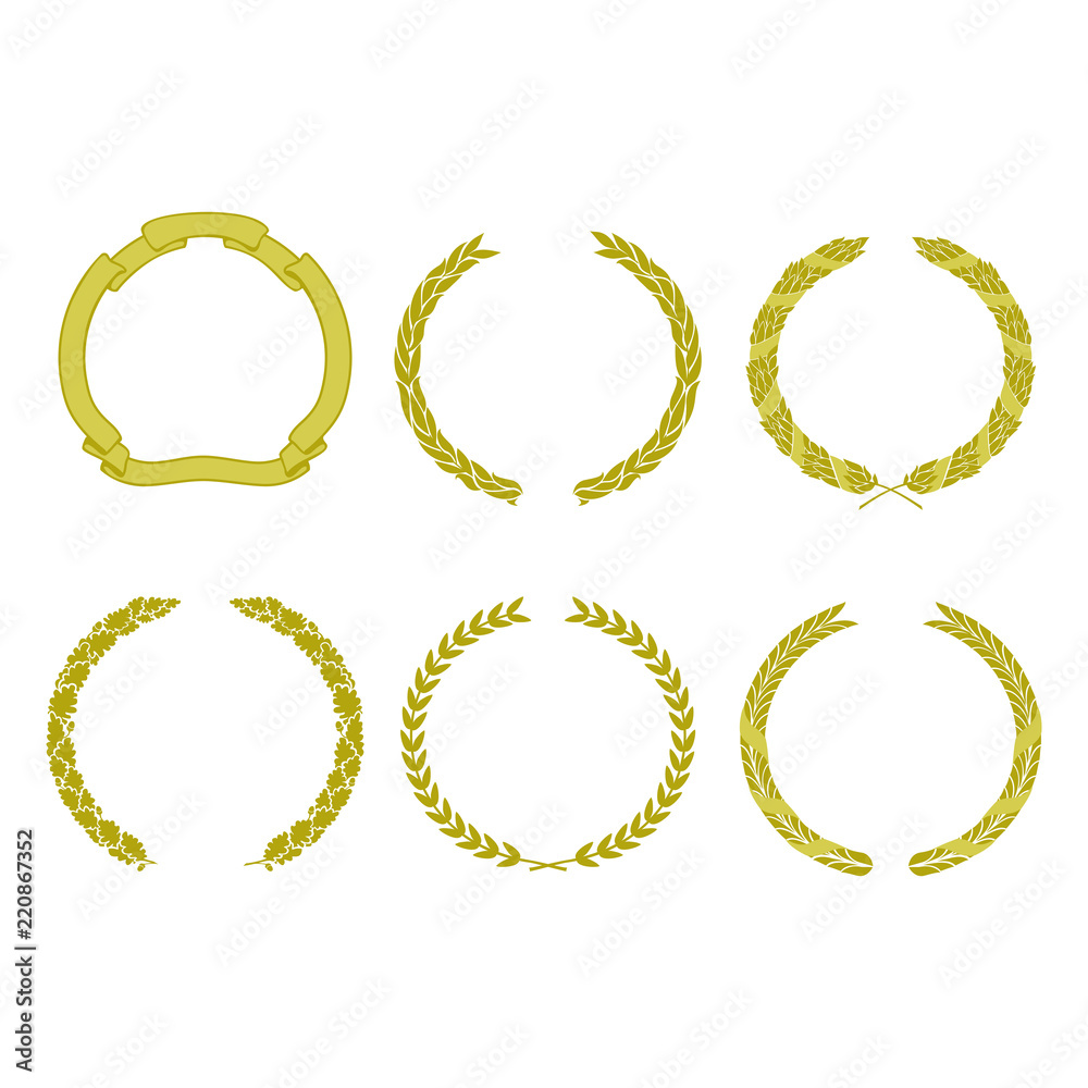 Vector set of heraldic gold wreaths of olive branches, oak leaves, ribbons. Vector set of heraldic gold wreaths of olive branches, oak leaves, ribbons.