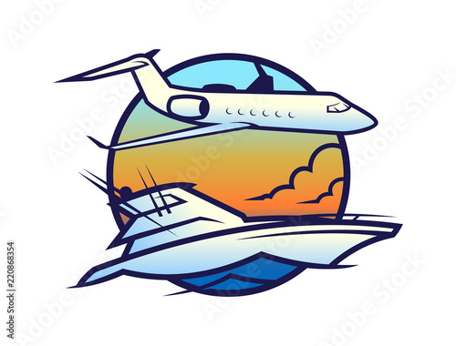 Yacht on waves and plane in sky icon