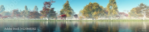 Beautiful autumn landscape. Autumn trees over the water. Panorama of the autumn landscape. 