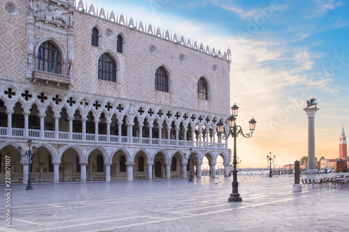 Beautiful view of the Doge's Palace and St. Mark's column on Piazza San Marco in Venice, Italy photo