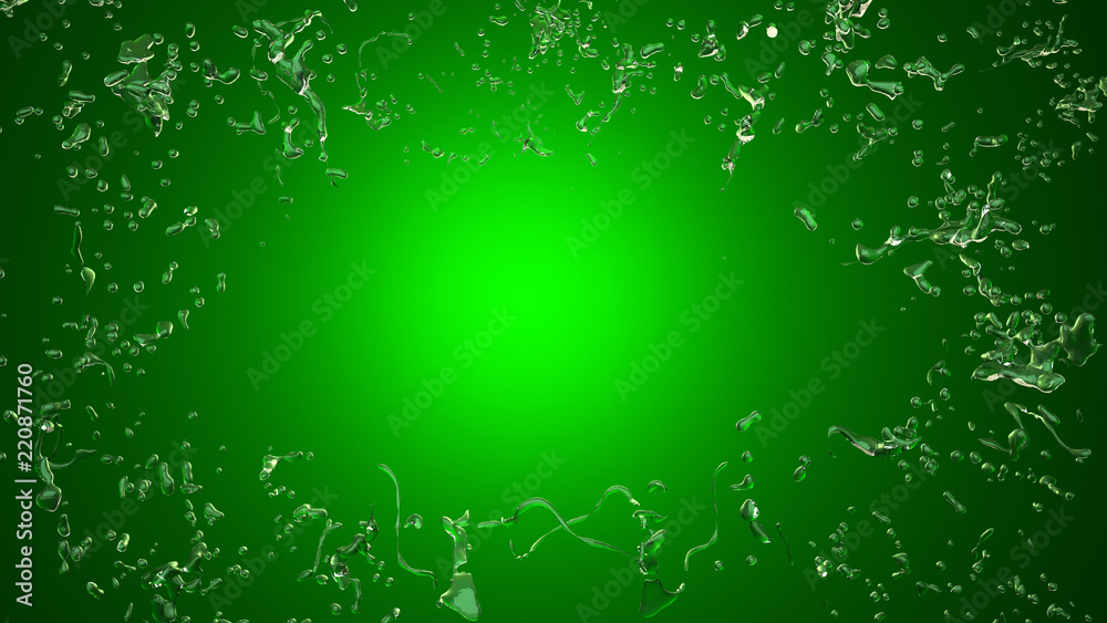 Splash of water on a green background, 3D illustration, 3D rendering Splash of water on a green background, 3D illustration, 3D rendering