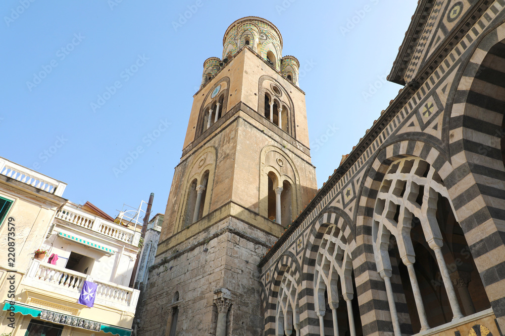 Bell tower of Amalfi Cathedral dedicated to the Apostle Saint Andrew, Amalfi, Southern Italy