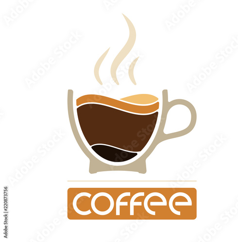Morning cup of coffee for waking up. Logo or emblem. Layers of coffee in a cup and steam on top