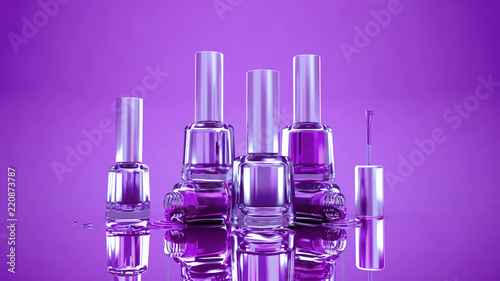 Purple, violet, lilac stylish golden background with bottles of nail polish. Fashion, makeup, manicure, beauty.