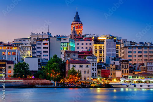 July 20, 2018, Sunset in Istanbul, Turkey. Night View of the Galata Tower