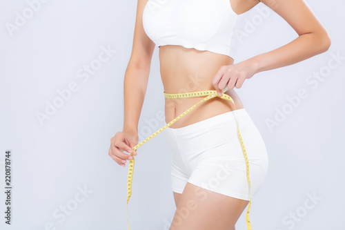 Картината върху платно Asian woman diet and slim with measuring waist for weight isolated on white background, girl have cellulite and calories loss with tape measure, health and wellness concept