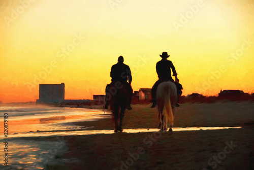 Fototapeta Naklejka Na Ścianę i Meble -  Horseback Riding at the Beach during Sunset Digital Art