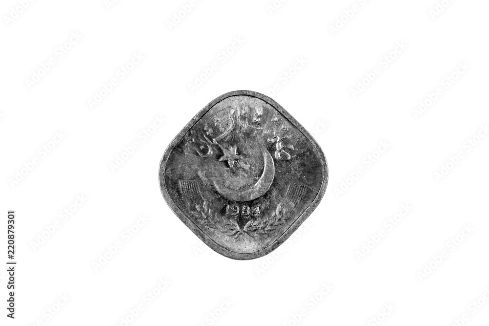 A super macro image of an old 5 Pakistani rupee coin isolated on a white background A super macro image of an old 5 Pakistani rupee coin isolated on a white background