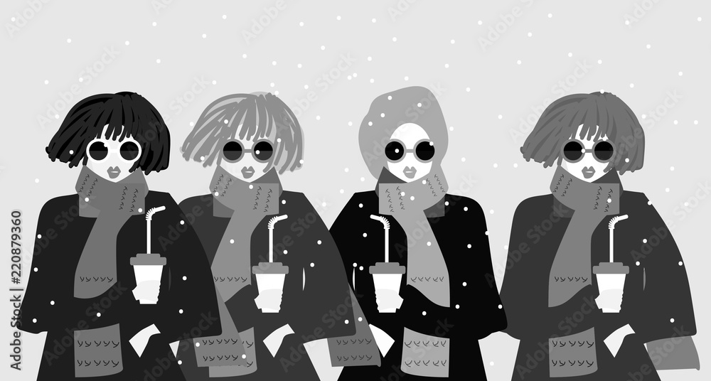 Naklejka premium Winter, snowing and women with hot drink illustration