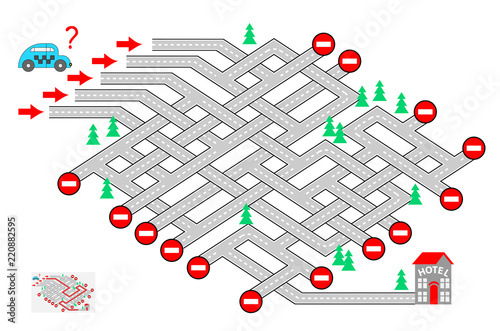 Logic puzzle game with labyrinth for children and adults. Help the taxi driver find the way to the hotel. Which road should he choose? Vector cartoon image.