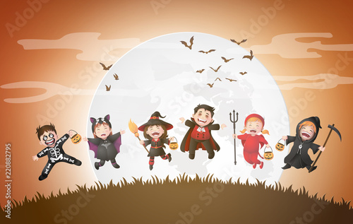 children in halloween costumes.