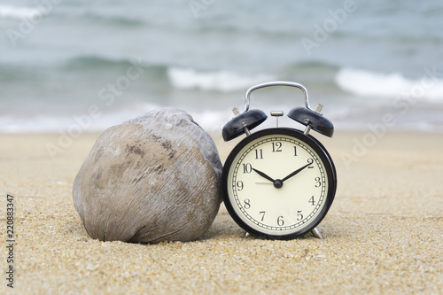 Black bell clock on beach sand and old coconut fruit photo