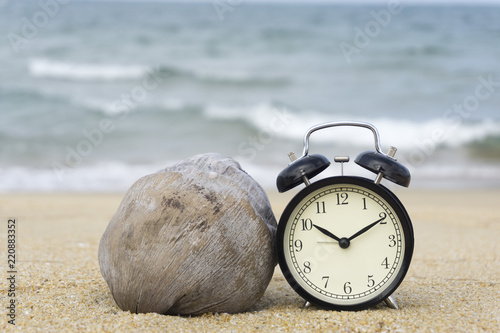 Black bell clock on beach sand and old coconut fruit photo