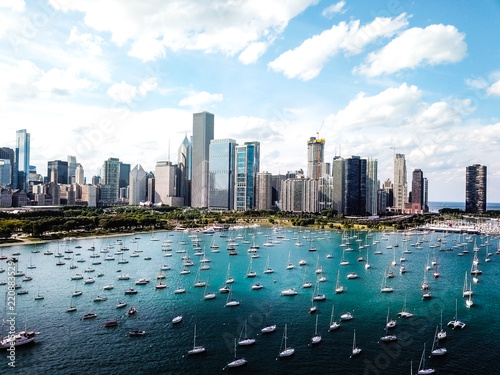 Aerial Chicago bay buildings bridge 