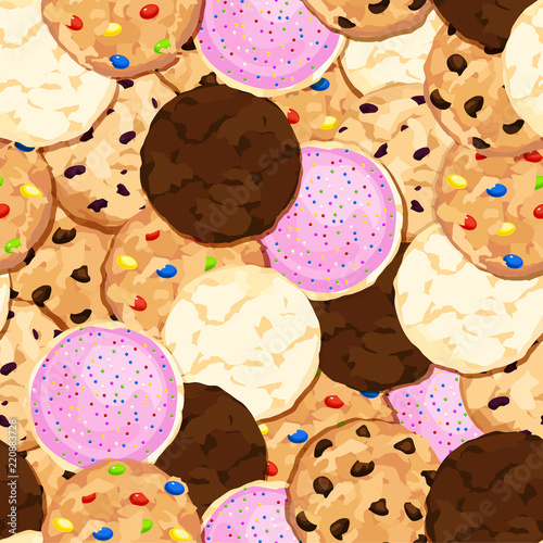 Seamless background of assorted cookies: chocolate chip, fudge, sugar, candy, sprinkled and frosted, and oatmeal raisin. Vector illustration.