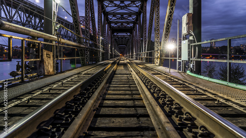 Patullo Bridge, Surrey, British Columbia, Canada. Long exposure of the bridge over the water. Sky Train Bridge.