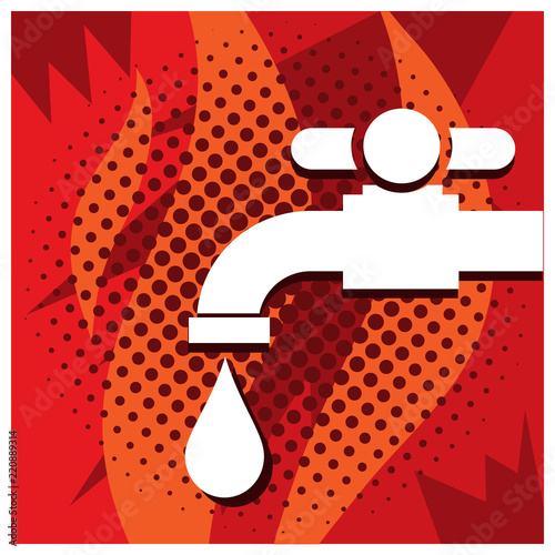 Faucet and water droplets on the red background