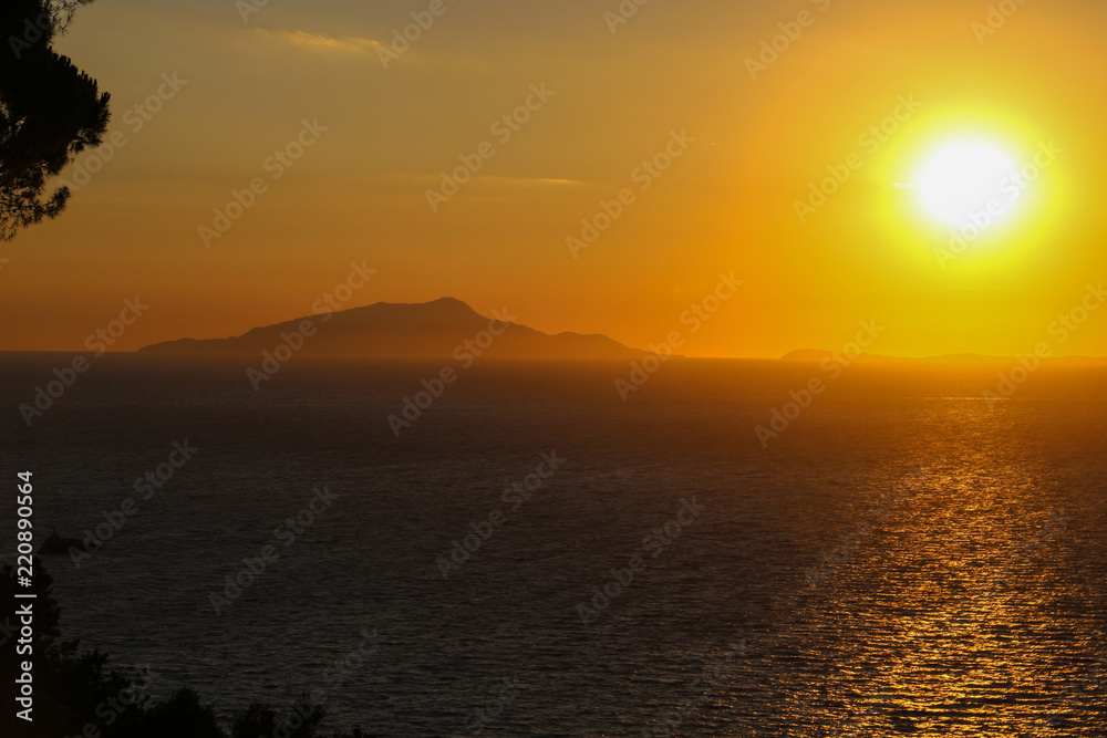 Mount  Vesuvius at sunset in the Gulf of Naples in Italy, Europe