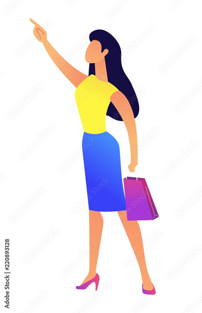 Young business woman with shopping bag pointing with finger vector illustration. Shoppping and sales, purchase and advertisement, discounts and clearance concept. Isolated on white background.