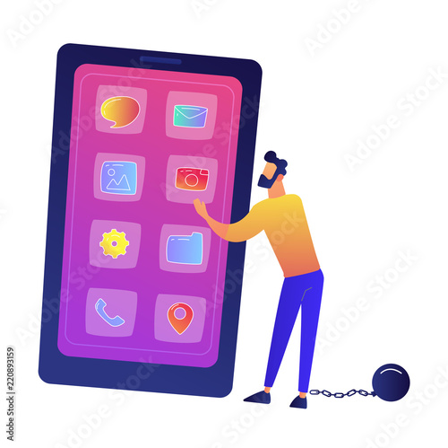 Businessman chained to huge smartphone vector illustration