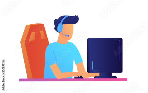 Gamer in headphones playing computer games at desk vector illustration. Programmer and copywriter, gamer and video games, designer and office workplace concept. Isolated on white background.