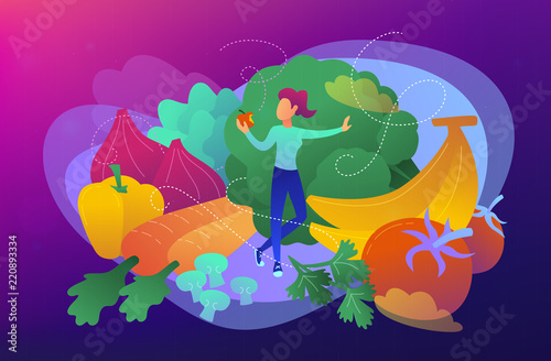 A white woman among fruits, vegetables and mushrooms as a concept of raw veganism, raw foodism, fruitarianism, juicearianism and sproutarianism. Vector illustration on ultraviolet background.