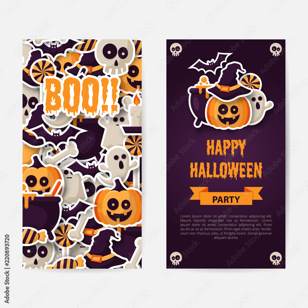 Happy Halloween two sides poster, flyer or menu design with  pumpkins, ghosts, candy, witch broom, bats, cobwebs, skulls, bones, headstones, witch hats. Paper art style. Vector Illustration