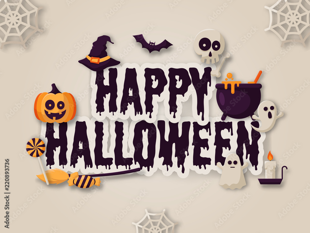 Fototapeta premium Happy Halloween Background with pumpkins, ghosts, candy, witch broom, bats, cobwebs, skulls, bones, headstones, witch hats. Paper art style. Vector Illustration